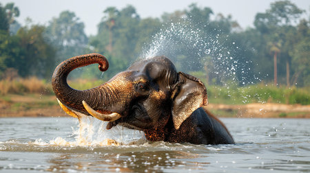 An elephant calf joyfully splashes and plays in the refreshing water, its trunk held high. The vibrant backdrop of green foliage and sparkling ripples create a serene and captivating scene. The playful spirit and sheer joy of the young elephant shines through, evoking a sense of tranquility and connection with nature.の素材