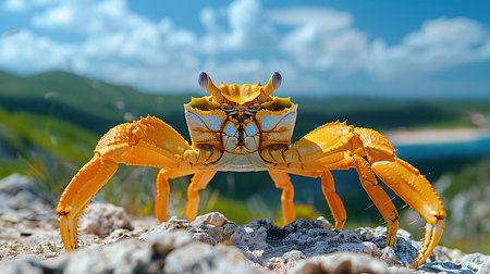Vibrant yellow crab with blue and purple accents scuttles across a rocky beach, the green vegetation and blue water blurred in the background.の素材