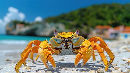 A vibrant yellow crab scuttles swiftly across the soft, white sand of a tropical beach, its bright blue-tipped claws contrasting with the surroundings. Its beady eyes dart around, alert to any potential threats or opportunities. The crab's movements are a blur of motion as it searches for food and shelter among the rocks and seaweed.の素材