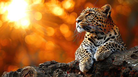 A regal leopardess reclines gracefully on a tree branch, her piercing gaze capturing the viewer's attention. Dappled sunlight illuminates the surrounding foliage, creating a serene and enchanting atmosphere.の素材