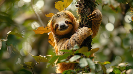A three-toed sloth hangs lazily from a branch high in the jungle canopy. Its long, shaggy fur and slow-moving demeanor give it an endearingly comical appearance. The sloth's gentle nature and unique adaptations make it a fascinating subject for nature photography.の素材