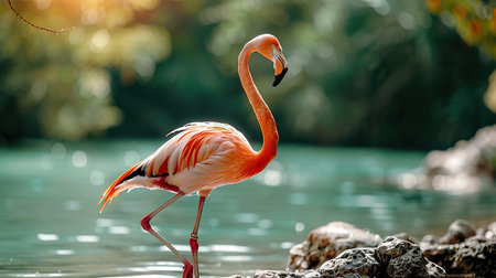 A majestic flamingo stands perched on the edge of a tranquil lake, its long neck gracefully extended as it surveys the water below. The delicate pink feathers of its plumage create a striking contrast against the azure waters, as it patiently waits for a moment to strike.の素材