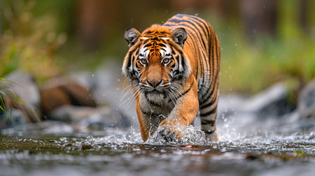 A tiger in the wild roams freely, its presence both awe-inspiring and enigmatic. With piercing eyes and a sleek, powerful body, it embodies the untamed spirit of nature. Witnessing a tiger in its natural habitat is a profound experience, leaving an unforgettable imprint on the soul.の素材