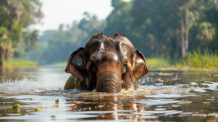 Majestic elephant gracefully swims through tranquil river under a sunlit sky. Lush green trees frame the serene scene, creating a captivating natural haven. The gentle ripples of the water and the elephant's fluid movements convey a sense of peace and tranquility.の素材