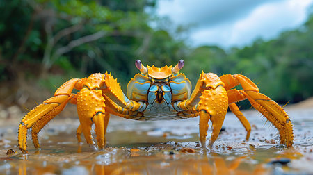 Big yellow and blue crab on the beach in the rainforest.の素材
