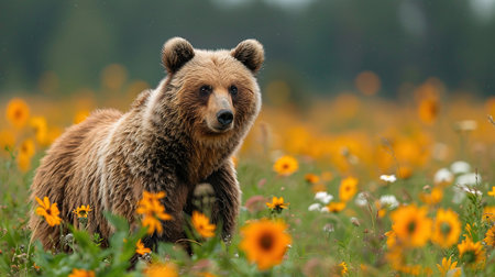A brown bear stands amidst a vibrant field of golden flowers, its gaze fixed on the camera.の素材