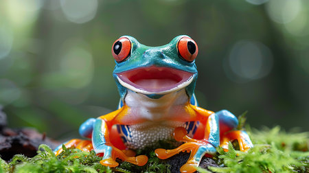 A small, nocturnal amphibian from Central and South American rainforests with bright red eyes used for attracting prey and communication, a green and blue body for camouflage, and arboreal habits with a diet of insects, spiders, and other small animals.の素材