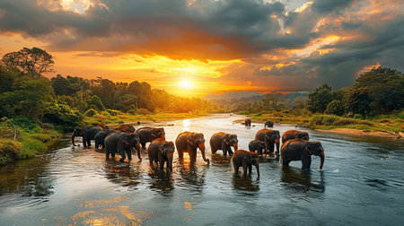 Amidst the serene waters, a majestic assembly of fourteen elephants bathes and frolics, their mighty bodies casting long shadows beneath the glistening surface.の素材