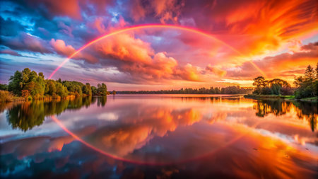 A captivating sunset paints the sky in vibrant hues, casting a serene glow on the tranquil lake and its mirrored clouds, while a vibrant rainbow graces the heavens.の素材