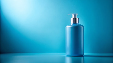 Unlabeled blue plastic bottle with white pump dispenser sits on blue table against blue background.の素材