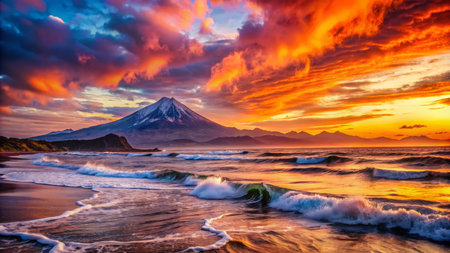 A captivating sunset paints the sky with vibrant hues, casting a serene glow upon the ocean's rhythmic embrace.の素材