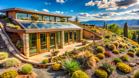 Nestled in a verdant hillside, a modern abode with a verdant roof and expansive windows offers breathtaking mountain views from its terrace, while lush desert flora embraces the exterior.の素材