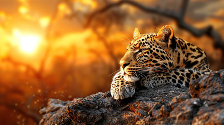 A beautiful leopardess rests on a rock, her eyes scanning the horizon as the sun sets behind her. The warm glow of the sunset casts a golden hue on her spotted coat, and the soft breeze ruffles her fur. The leopardess is a symbol of strength, power, and beauty, and her watchful gaze suggests that she is ready to face whatever challenges come her way.の素材