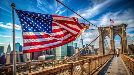 Vibrant American flag waves in the wind on the iconic Brooklyn Bridge, set against a bright blue sky with a subtle urban cityscape background.の素材