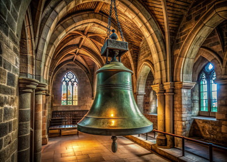 Old ornate bronze church bell hangs solo from wooden beam in dimly lit empty cathedral nave with stone walls and arched windows above.の素材