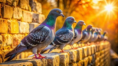 Majestic large black and white Asian pigeons perch on a rustic stone wall, their iridescent feathers glistening in the soft, warm morning light.の素材