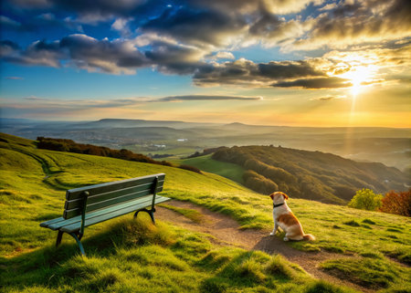 Serene scene of a vacant grassy hill overlooking a breathtaking vista, with an empty bench and a loyal dog waiting for its owner's return.の素材