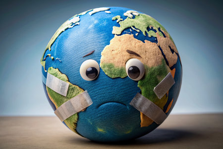 sad crying earth get sick of planet earth with patches and bandages. with copy space image. Place for adding text or designの素材