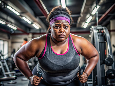 plus size overweight black woman in sportwear doing sport exercises at gym fitness twith sweaty face. Sports training equipment workout, AIの素材