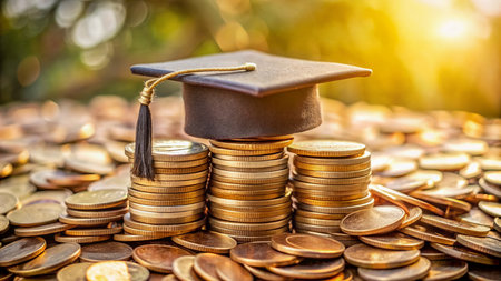 A graduation cap rests on a pile of coins, with a few coins spilling out, surrounded by a subtle background, symbolizing saving for education and scholarships.の素材