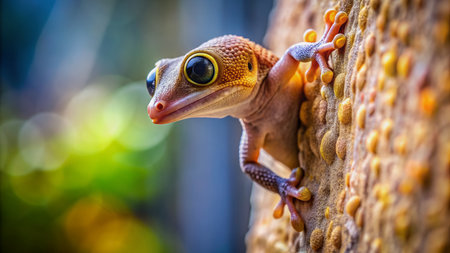 A tiny, agile gecko uses its sticky feet to scale a miniature climbing wall, its bright eyes fixed on the summit in a charming display.の素材