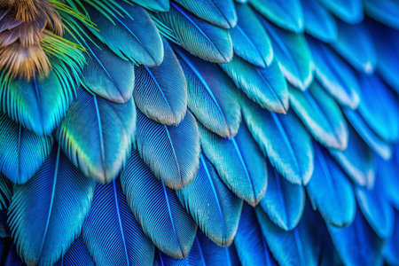 Vibrant blue bird's feathers showcased in stunning close-up, captivating intricate patterns, soft textures, and delicate sheen, highlighting nature's masterpiece of plumage perfection.の素材