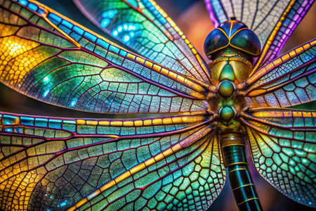 Vibrant iridescent dragonfly wings showcase mesmerizing textures and colors in this stunning macro photograph, highlighting intricate patterns and shimmering hues in exquisite detail.の素材