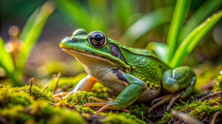 Vibrant green frog sits calmly on moist earth, its tiny feet splayed, eyes closed, surrounded by lush greenery and delicate blades of grass in natural habitat.の素材