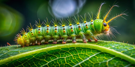 Vibrant green caterpillar with tiny legs and delicate hairs crawls along the edge of a fresh green leaf, showcasing intricate details of nature.の素材