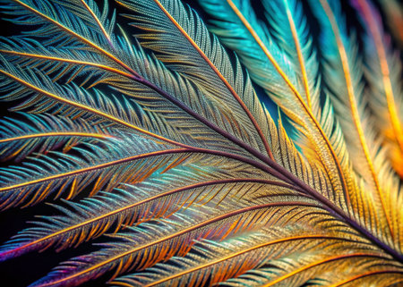 Exquisite high-resolution capture of intricate bird feather barbules, showcasing delicate branching patterns, microscopic textures, and stunning iridescence in remarkable 32k UHD detail.の素材