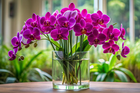 Vibrant purple orchid blooms arranged neatly in a transparent glass vase, contrasting with green stems and leaves, creating a striking elegant floral arrangement display.の素材