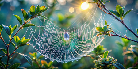 Delicate dew-kissed spider web glistens in morning sunlight, intricate patterns and threads shimmering against a soft, serene, misty blue background with lush green foliage.の素材
