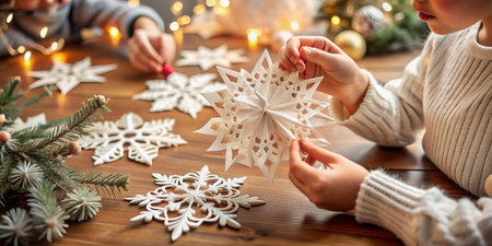 Delicate fingers deftly fold paper into intricate snowflake design, showcasing childhood wonder and creative joy in a serene, minimalist, holiday decoration making moment.の素材