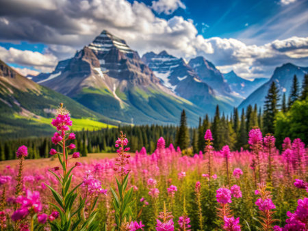 Vibrant pink wildflowers sway gently in the breeze, set against a breathtaking backdrop of majestic mountains, showcasing serene natural beauty and picturesque landscapes.の素材