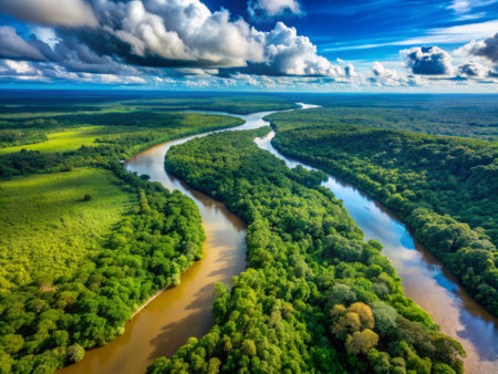 Breathtaking aerial view of the serpentine Amazon River, surrounded by lush green rainforest, twisting through the Peruvian landscape in majestic natural beauty.の素材