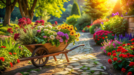 Vibrant colorful flowers overflow from a rustic wooden wheelbarrow, surrounded by lush greenery and placed on a sunlit worn stone pathway in a serene garden setting.の素材