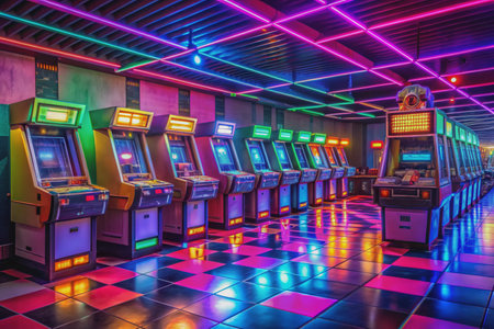 Retro arcade hall featuring a row of classic video game machines, surrounded by vibrant neon lights, evoking a nostalgic atmosphere of vintage gaming nostalgia.の素材