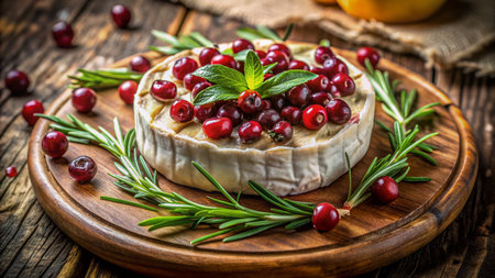 Richly-coloured camembert cheese baked to perfection, adorned with sweet cranberries, fragrant basil leaves, and sprigs of rosemary, on a rustic dark wooden table, evoking French elegance.の素材