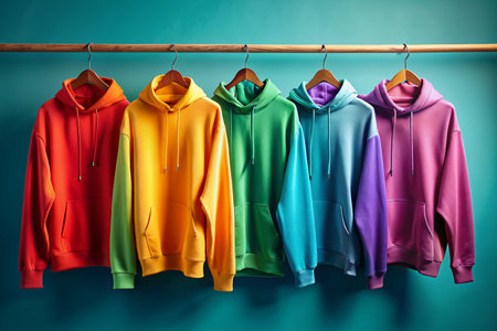 Vibrant assortment of five hoodies in various bright colors suspended from clothes hangers against a gradient backdrop, exuding trendy fashion and modern style essence.の素材