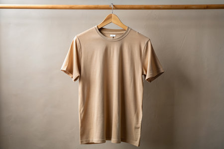 Tan colored men t shirt on wooden hangerの素材