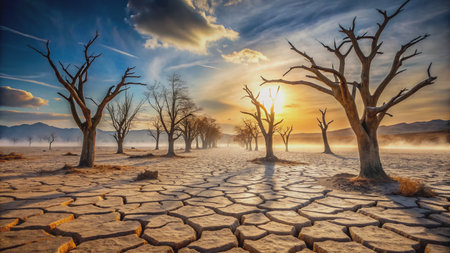 Barren, cracked earth stretches toward a hazy horizon, withered trees stand like skeletal sentinels, and a shriveled riverbed tells the tale of a parched, drying planet.の素材