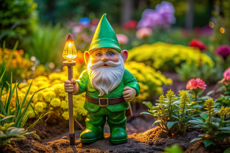 Vibrant garden scene featuring a lone neon garden gnome with glowing green hat and bright yellow shovel, adding a pop of whimsical charm to the flora.の素材