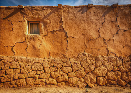 Warm, earthy adobe wall texture with sun-dried clay and subtle imperfections, featuring organic cracks, natural ridges, and a soft, weathered patina.の素材