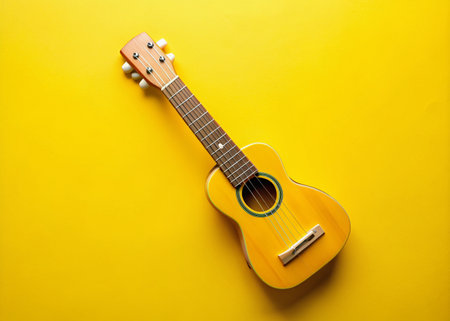 Vibrant yellow background highlights a kid's guitar, symbolizing childhood creativity and passion for music, evoking a sense of happiness and carefree innocence.の素材