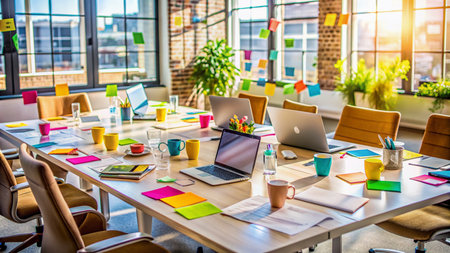 Colorful notes, laptops, and mind maps clutter a modern conference table, capturing the energetic essence of a collaborative brainstorming session in a creative agency.の素材