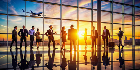 Silhouetted corporate connection: Diverse business professionals' shadows conversing and planning amidst vibrant urban airport atmosphere with warm sunset hues and dynamic terminal activity.の素材