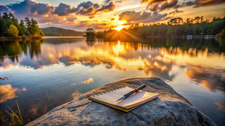 Serene landscape of a lake at sunset with a weathered notebook and pen resting on a rock, evoking a sense of peaceful inspiration and contemplation.の素材