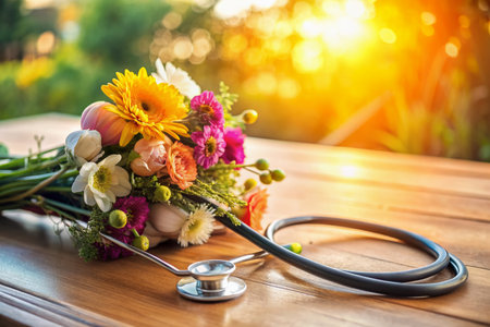 Warm sunlight illuminates a gentle scene of a bouquet of flowers and a stethoscope on a table, conveying compassion and care for the elderly.の素材