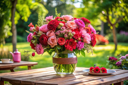 Experience the beauty of a summer day captured in this captivating outdoor image. A stunning arrangement of red and pink flowers, artfully displayed in a vase, sits on a table amidst a picturesque outdoor scene. The vibrant blooms burst with color, creating a focal point against the backdrop of lush, green trees and shrubs.  The well-maintained lawn, a soft emerald hue, provides a serene and inviting contrast to the bold floral display.  Sunlight streams across the scene, highlighting the delicate petals and leaves, while casting soft shadows that add depth and dimension to the composition.  The overall impression is one of tranquility and natural beauty. The carefully cultivated landscaping and the vibrant floral arrangement create a harmonious blend of nature's artistry. This image showcases the perfect harmony between the botanical world and outdoor design principles.  The scene evokes a sense of peace and joy, reminiscent of a peaceful garden party or a tranquil moment spent amidst nature.  The meticulous details, from the delicate flower petals to the perfectly manicured lawn, are evidence of the careful attention to detail and the appreciation for the beauty of the natural world.  The bright outdoor setting amplifies the visual impact, making this a truly stunning image.の素材