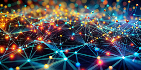 This captivating macro photograph unveils a mesmerizing abstract representation of a digital network.  Intricate lines and shimmering dots dance across the frame, creating a visual symphony of technological connectivity.  The dynamic movement suggests the constant flow of data and information within a complex network structure.  Each pixelated element is meticulously detailed, highlighting the intricate beauty found in the microcosm of digital systems.  The image's depth of field is exquisitely controlled, drawing the viewer into the heart of the network's activity.  From the intricate pathways of data transmission to the shimmering points of connection, every aspect of this image speaks to the power and complexity of modern technology.  The abstract nature allows for a wide range of interpretations, from the intricacies of artificial intelligence to the vastness of global communication networks.  The precise macro photography technique reveals the visual language of digital connection, inviting contemplation on the intricate dance between physical and digital realities.  The image's dynamic nature makes it suitable for use in various contexts, from technology-focused articles and presentations to artistic explorations of modern communication. The smooth transitions between the elements and the detailed textures create a visually engaging and thought-provoking piece.の素材